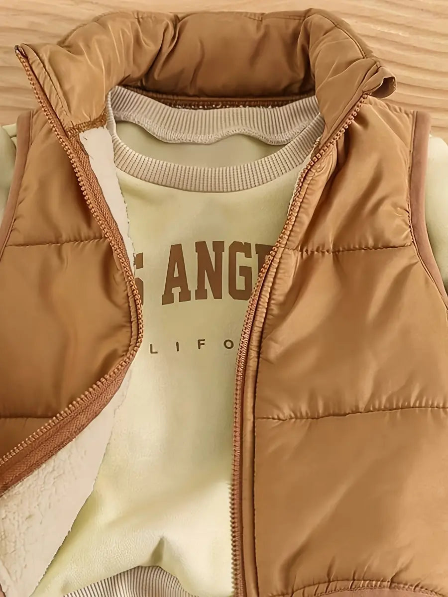 Conjunto Bebê Menino 3 Peças Moletom Los Angeles Manga Longa + Colete Puffer Zíper + Calça Elástica