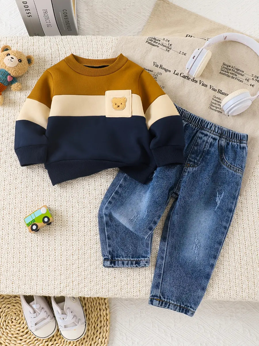 Conjunto Bebê Menino Blusão Color Block Aplique Urso Moletom + Calça Jeans Elástica