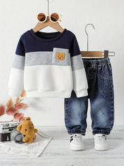 Conjunto Bebê Menino Blusão Color Block Aplique Urso Moletom + Calça Jeans Elástica
