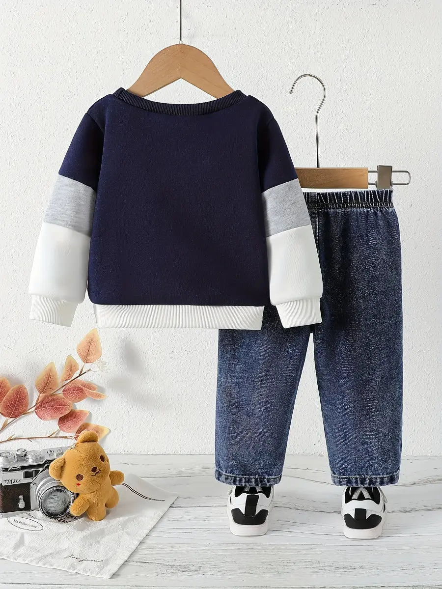 Conjunto Bebê Menino Blusão Color Block Aplique Urso Moletom + Calça Jeans Elástica