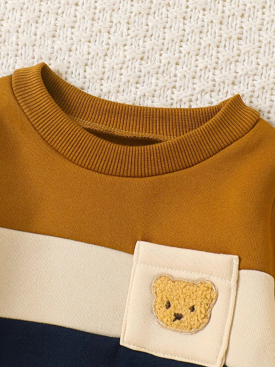 Conjunto Bebê Menino Blusão Color Block Aplique Urso Moletom + Calça Jeans Elástica