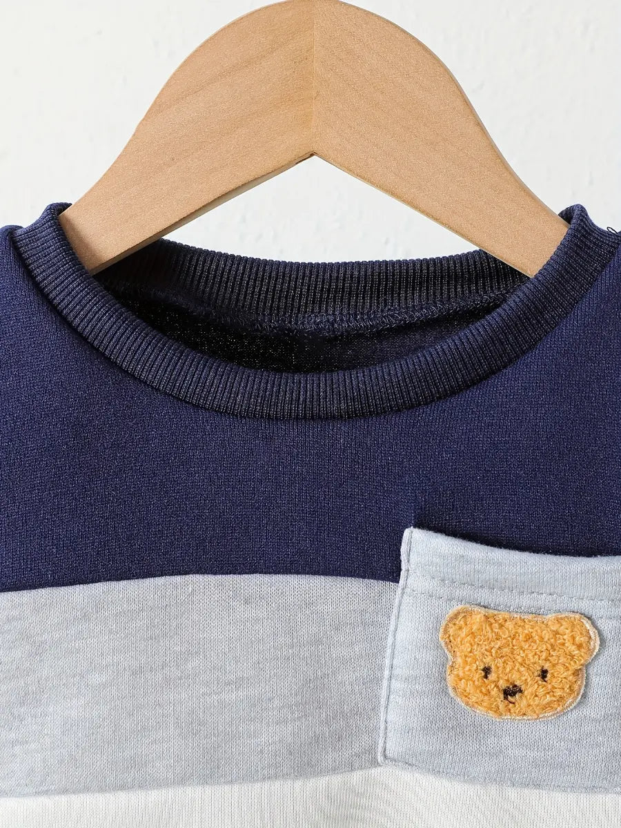 Conjunto Bebê Menino Blusão Color Block Aplique Urso Moletom + Calça Jeans Elástica