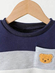 Conjunto Bebê Menino Blusão Color Block Aplique Urso Moletom + Calça Jeans Elástica