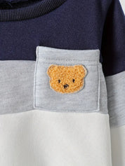 Conjunto Bebê Menino Blusão Color Block Aplique Urso Moletom + Calça Jeans Elástica