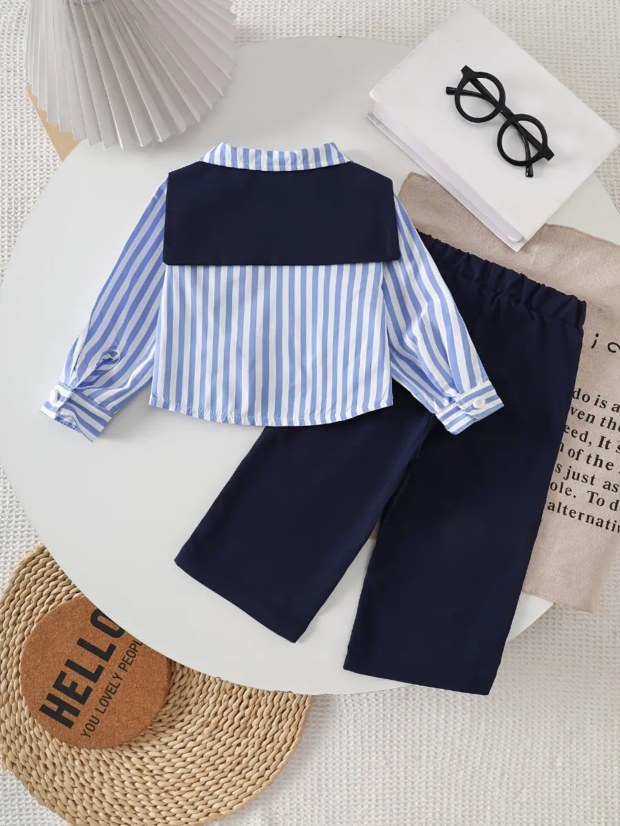 Conjunto Infantil Masculino 2 Peças Camisa Listrada Gola Marinheiro com Gravata e Calça Azul Marinho