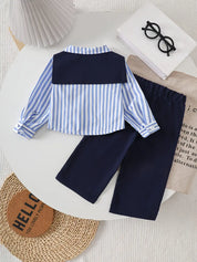 Conjunto Infantil Masculino 2 Peças Camisa Listrada Gola Marinheiro com Gravata e Calça Azul Marinho