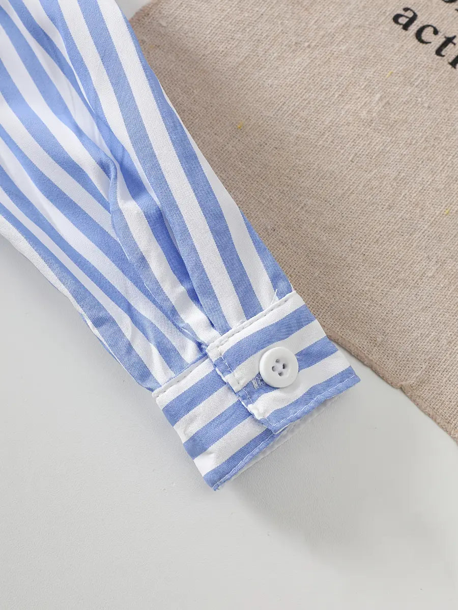 Conjunto Infantil Masculino 2 Peças Camisa Listrada Gola Marinheiro com Gravata e Calça Azul Marinho
