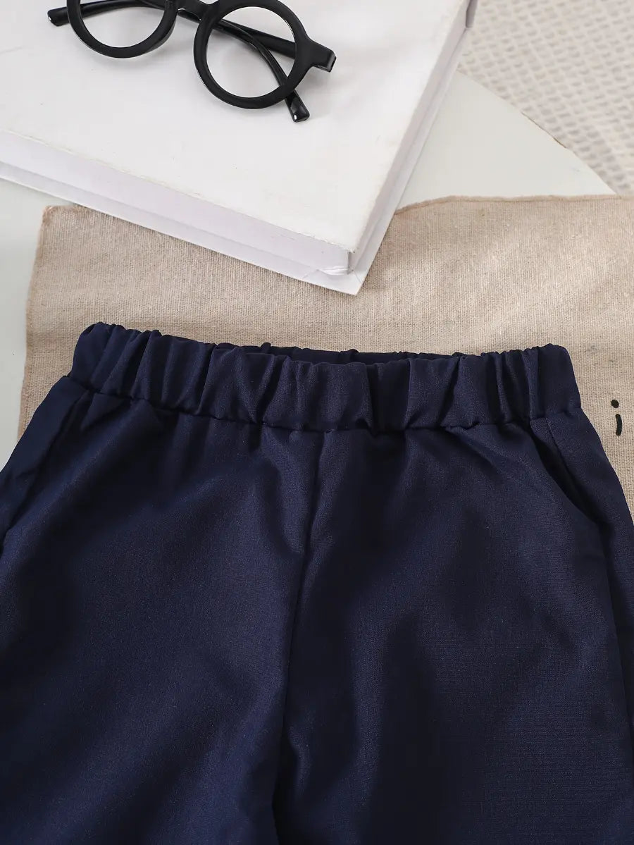 Conjunto Infantil Masculino 2 Peças Camisa Listrada Gola Marinheiro com Gravata e Calça Azul Marinho