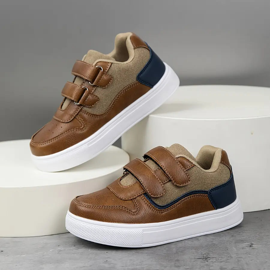 Tênis Infantil Casual Velcro Duplo Couro Sintético com Lona Sola EVA Marrom