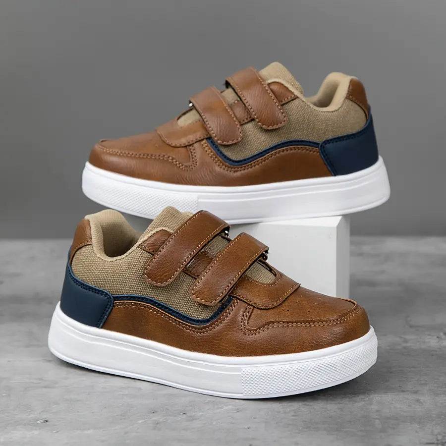 Tênis Infantil Casual Velcro Duplo Couro Sintético com Lona Sola EVA Marrom