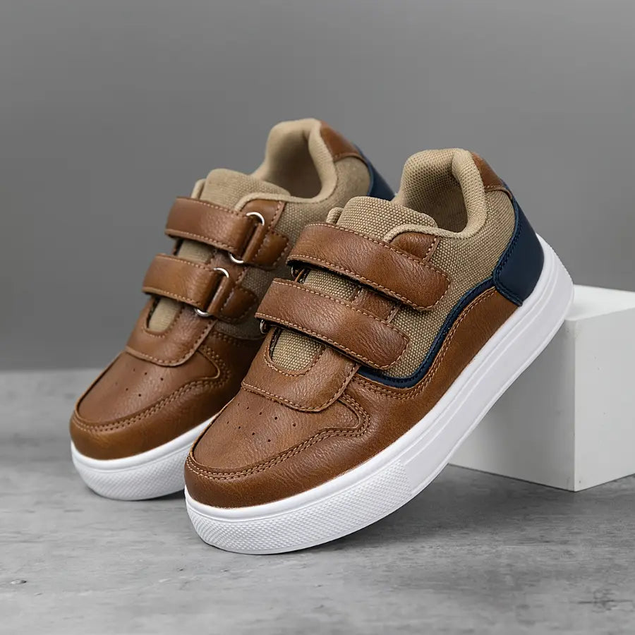 Tênis Infantil Casual Velcro Duplo Couro Sintético com Lona Sola EVA Marrom
