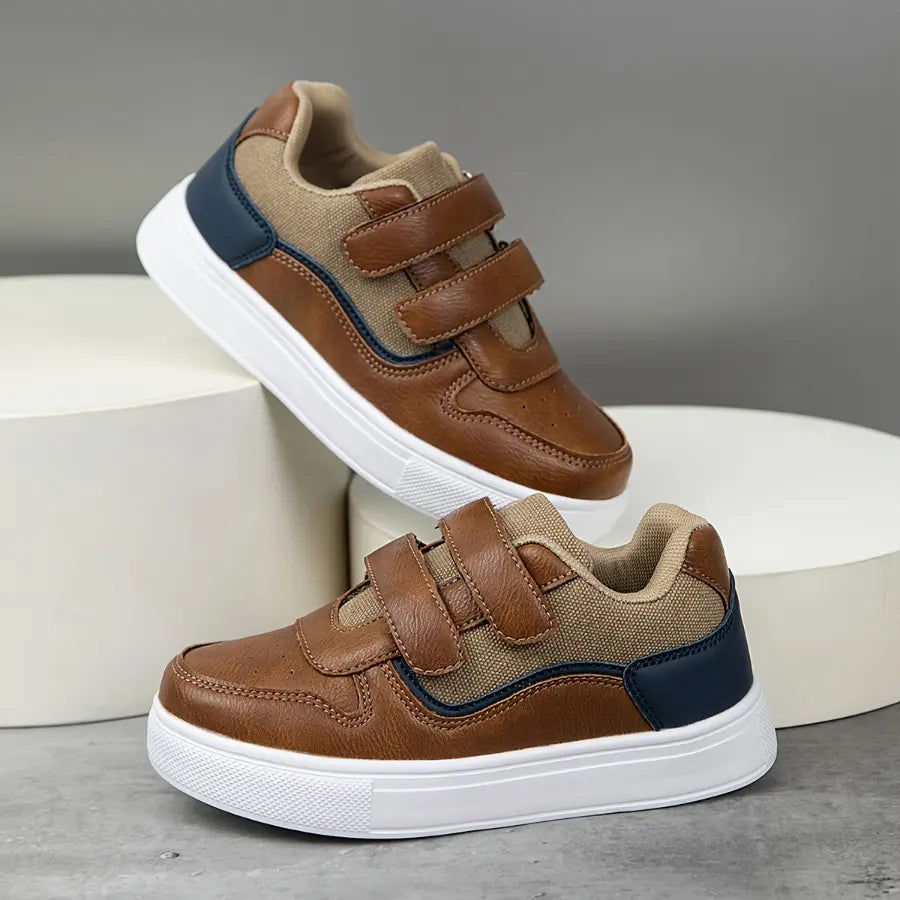 Tênis Infantil Casual Velcro Duplo Couro Sintético com Lona Sola EVA Marrom