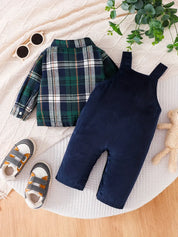 Conjunto 2 Peças Bebê Menino Camisa Xadrez Verde com Jardineira Macacão Veludo Cotelê Bordado Urso