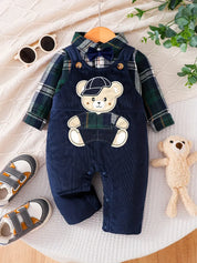 Conjunto 2 Peças Bebê Menino Camisa Xadrez Verde com Jardineira Macacão Veludo Cotelê Bordado Urso