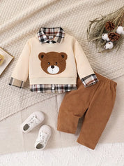 Conjunto Bebê 2 Peças Moletom Urso Bordado Camada Sobreposta Xadrez e Calça Canelada
