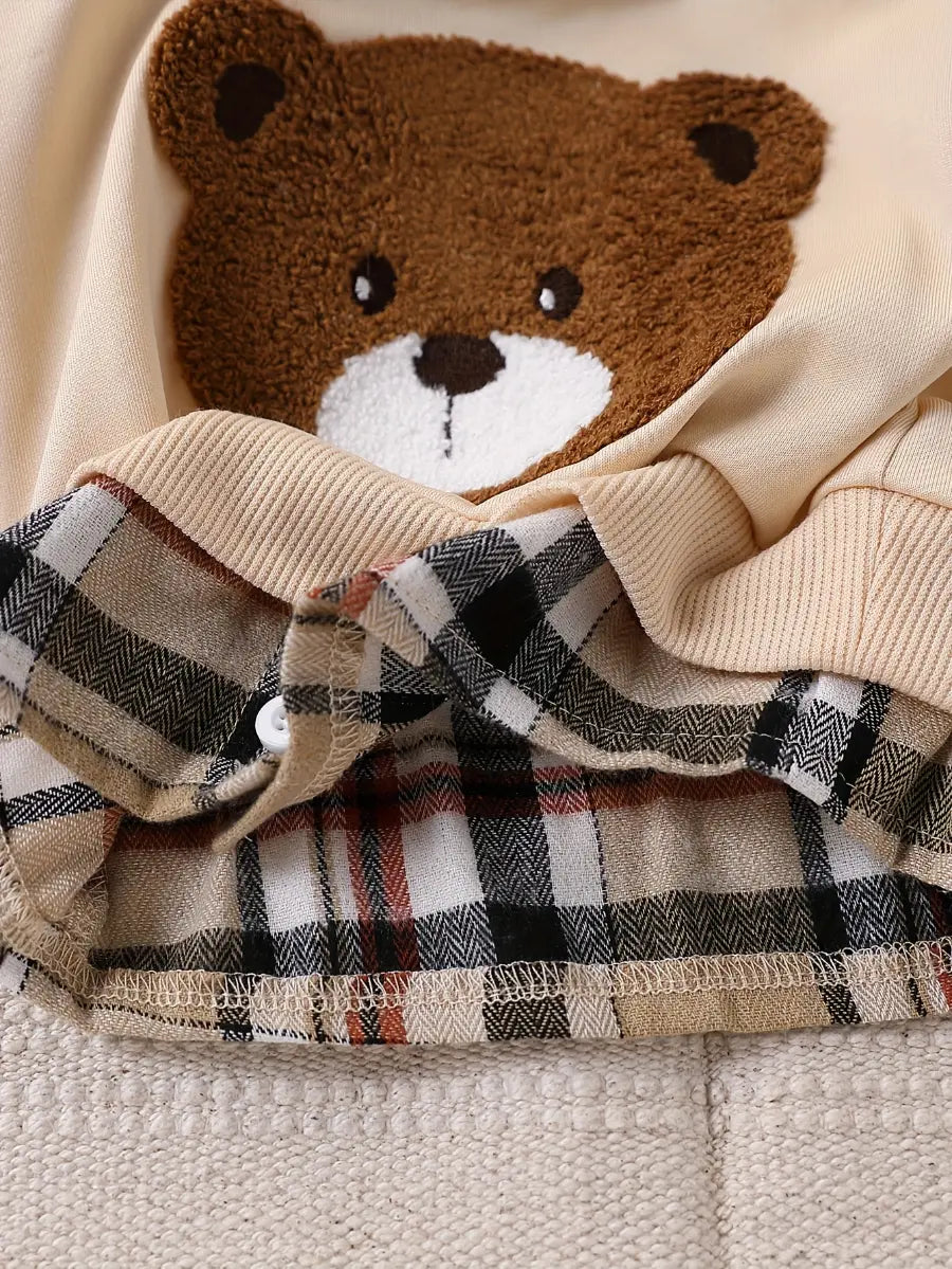 Conjunto Bebê 2 Peças Moletom Urso Bordado Camada Sobreposta Xadrez e Calça Canelada