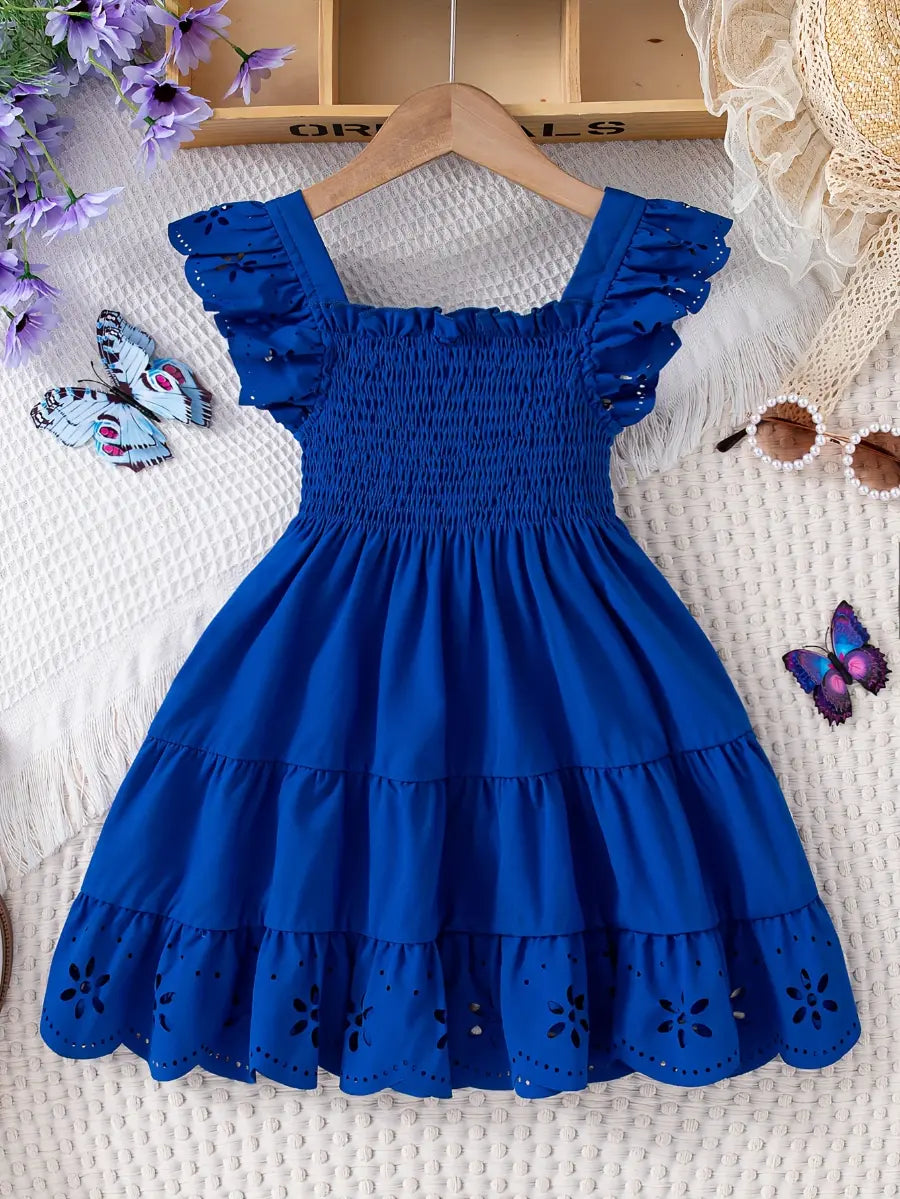 Vestido Infantil Menina Decote Quadrado Manga Borboleta Vazada Franzido Rodado