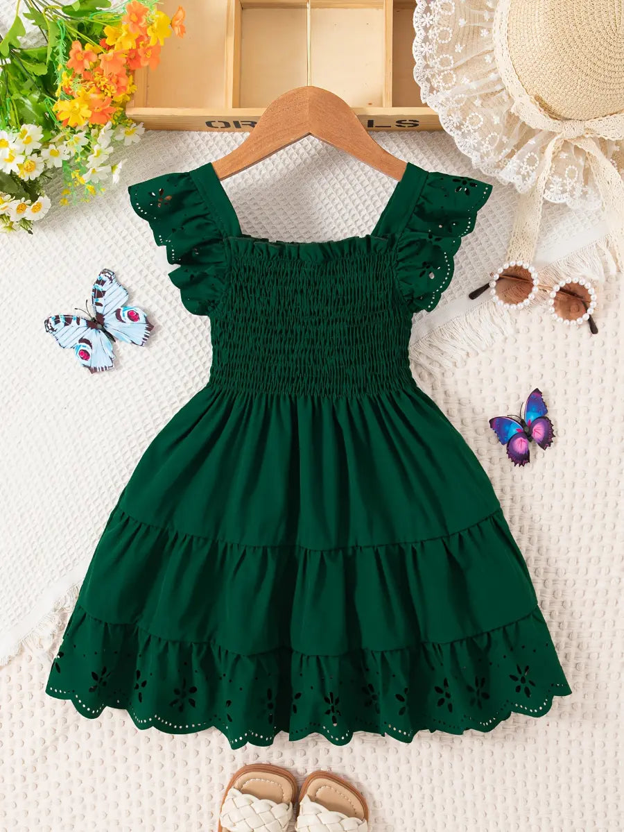 Vestido Infantil Menina Decote Quadrado Manga Borboleta Vazada Franzido Rodado