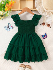Vestido Infantil Menina Decote Quadrado Manga Borboleta Vazada Franzido Rodado
