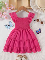 Vestido Infantil Menina Decote Quadrado Manga Borboleta Vazada Franzido Rodado