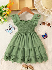 Vestido Infantil Menina Decote Quadrado Manga Borboleta Vazada Franzido Rodado