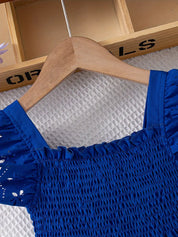Vestido Infantil Menina Decote Quadrado Manga Borboleta Vazada Franzido Rodado