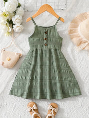 Vestido Infantil Verão Alças Finas Franzido com Botões Decorativos