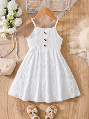 Vestido Infantil Verão Alças Finas Franzido com Botões Decorativos