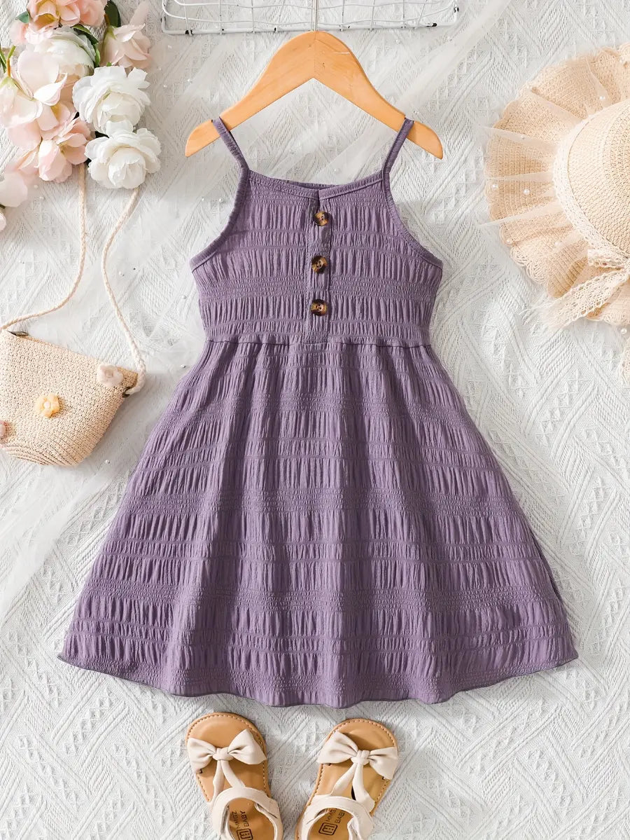 Vestido Infantil Verão Alças Finas Franzido com Botões Decorativos