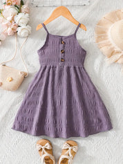 Vestido Infantil Verão Alças Finas Franzido com Botões Decorativos