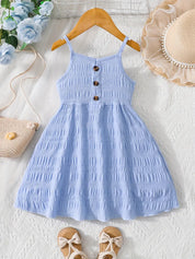 Vestido Infantil Verão Alças Finas Franzido com Botões Decorativos