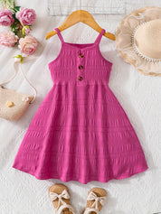 Vestido Infantil Verão Alças Finas Franzido com Botões Decorativos