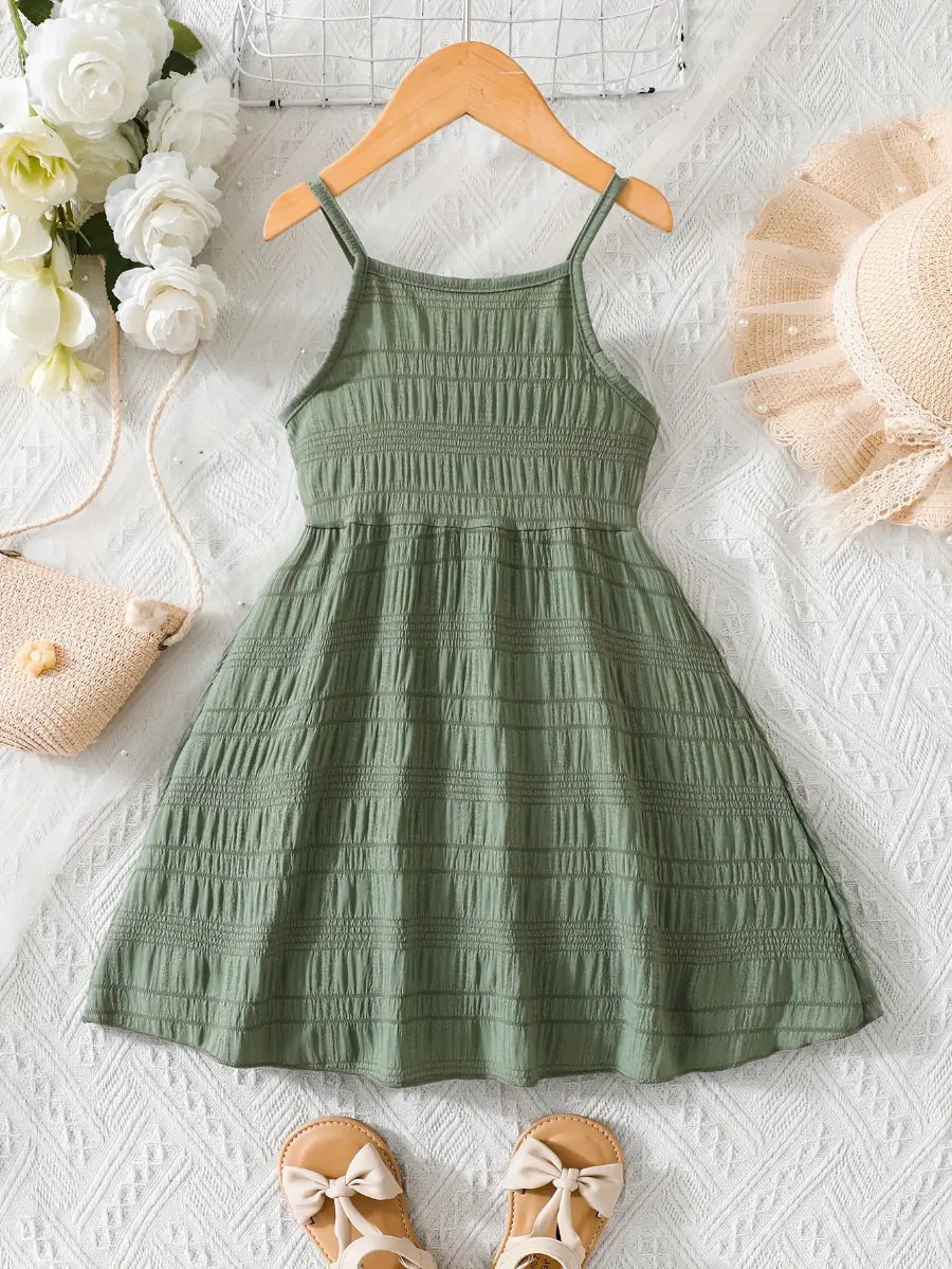 Vestido Infantil Verão Alças Finas Franzido com Botões Decorativos