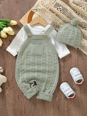 Macacão Bebê Suspensório Tricotado Perna Comprida com Gorro Conjunto 2 Peças