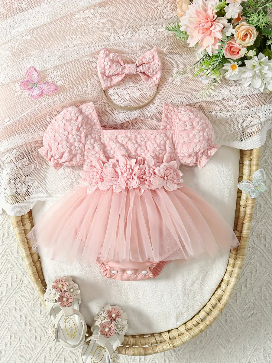 Body Macacão Bebê Menina Saia Tule Jacquard Floral Aplique 3D Manga Balão Tiara