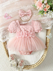 Body Macacão Bebê Menina Saia Tule Jacquard Floral Aplique 3D Manga Balão Tiara