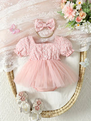 Body Macacão Bebê Menina Saia Tule Jacquard Floral Aplique 3D Manga Balão Tiara