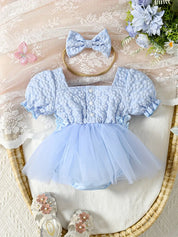Body Macacão Bebê Menina Saia Tule Jacquard Floral Aplique 3D Manga Balão Tiara