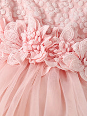 Body Macacão Bebê Menina Saia Tule Jacquard Floral Aplique 3D Manga Balão Tiara