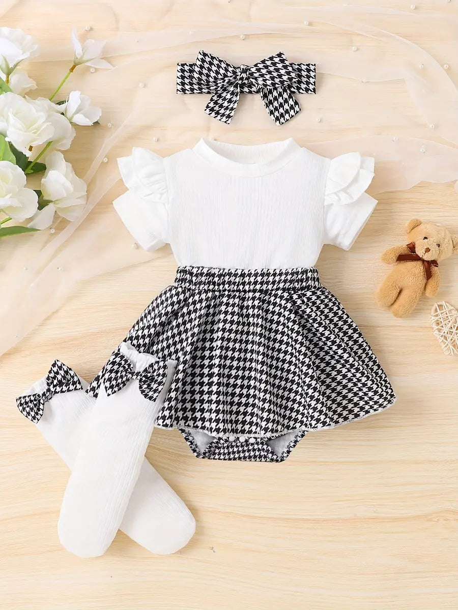 Conjunto Body Bebê Menina 3 Peças Macacão Saia Pied-de-Poule Manga Borboleta com Tiara e Meias