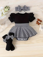 Conjunto Body Bebê Menina 3 Peças Macacão Saia Pied-de-Poule Manga Borboleta com Tiara e Meias