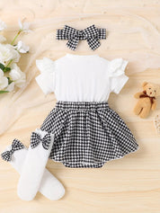 Conjunto Body Bebê Menina 3 Peças Macacão Saia Pied-de-Poule Manga Borboleta com Tiara e Meias