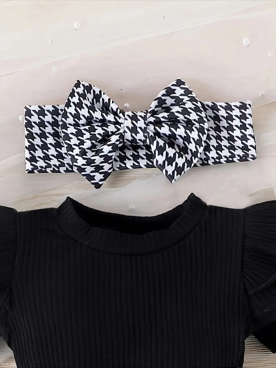 Conjunto Body Bebê Menina 3 Peças Macacão Saia Pied-de-Poule Manga Borboleta com Tiara e Meias