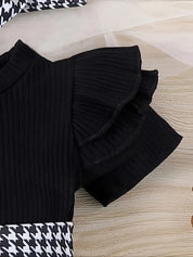Conjunto Body Bebê Menina 3 Peças Macacão Saia Pied-de-Poule Manga Borboleta com Tiara e Meias