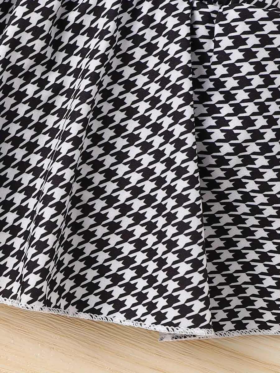 Conjunto Body Bebê Menina 3 Peças Macacão Saia Pied-de-Poule Manga Borboleta com Tiara e Meias