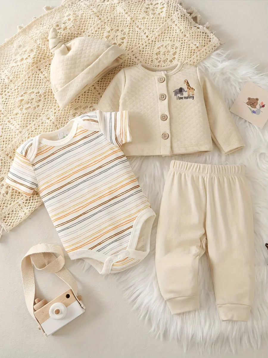 Conjunto Bebê Menino Kit 4 Peças Body Listrado Cardigan Bordado Girafa Calça e Touca