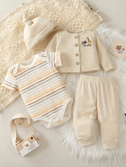 Conjunto Bebê Menino Kit 4 Peças Body Listrado Cardigan Bordado Girafa Calça e Touca