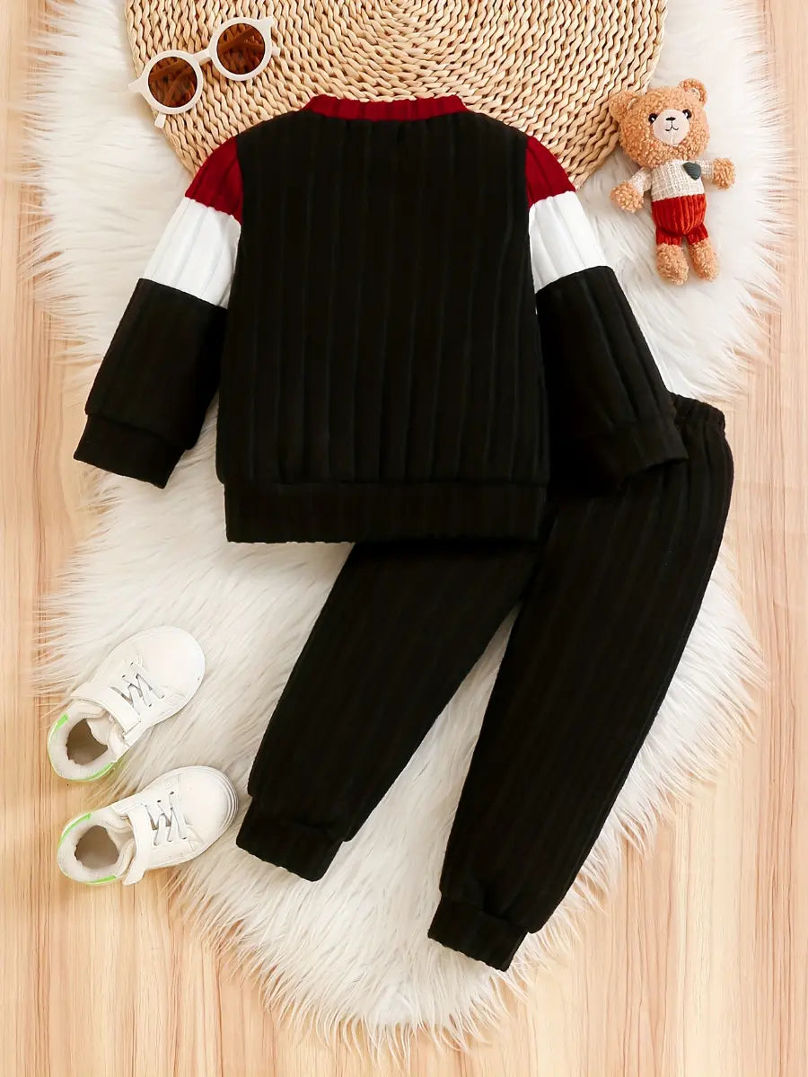 Conjunto 2 Peças Infantil Menino Moletom Canelado Colorblock Blusa Manga Longa e Calça Jogger