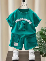 Conjunto 2 Peças Infantil Masculino Camiseta Dinossauro 3D Manga Curta e Shorts