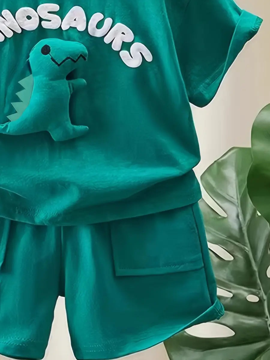 Conjunto 2 Peças Infantil Masculino Camiseta Dinossauro 3D Manga Curta e Shorts